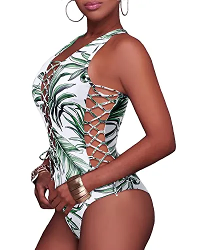 Lace Up Strappy Cutout Monokini One Piece Swimsuits-Green Leaf