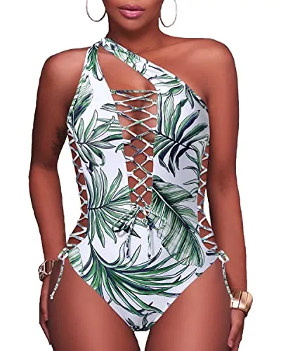 Lace Up Strappy Cutout Monokini One Piece Swimsuits-Green Leaf
