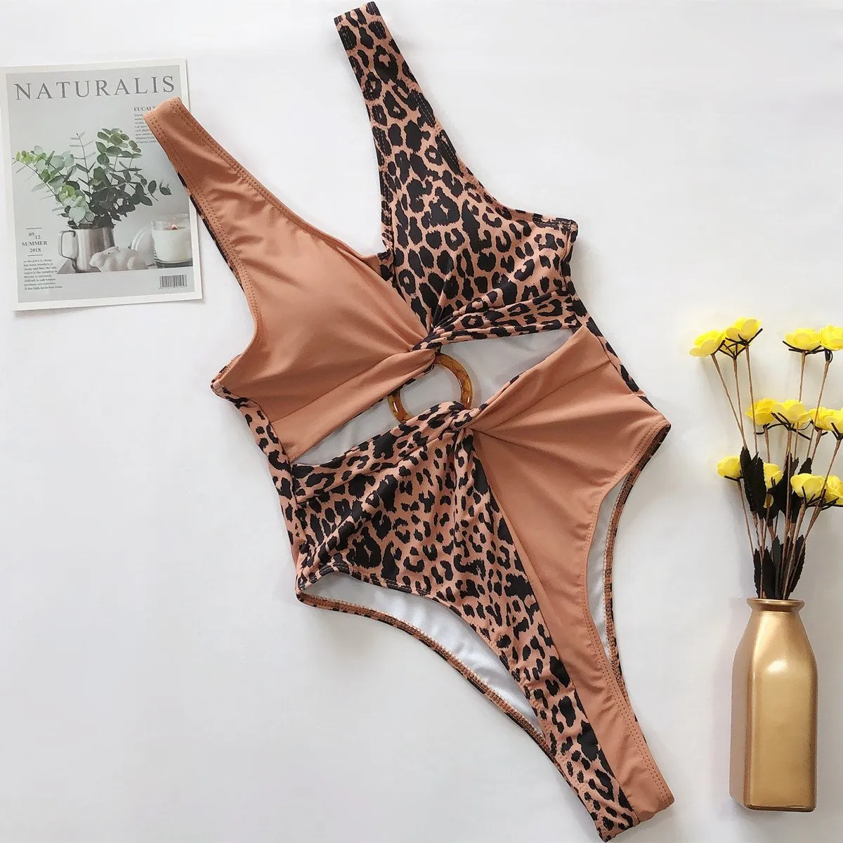Leopard Colorblock Cutout High Cut Swimsuit