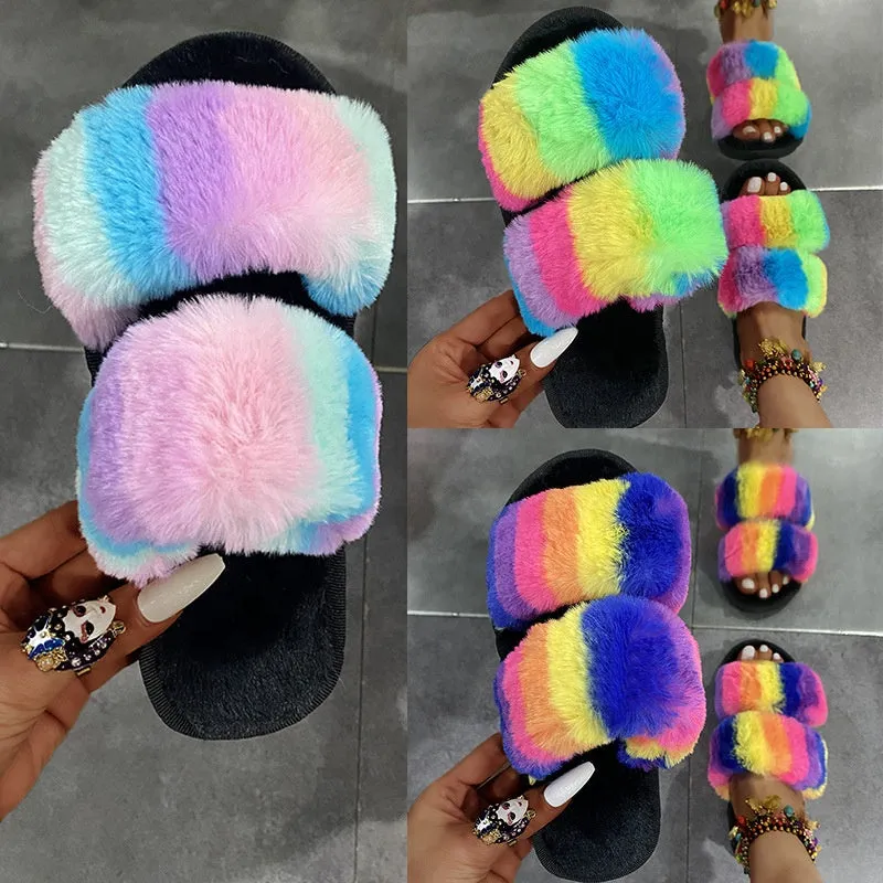 Leslides High Quality Fur Flat Sandals Furry Women's Sandals Soft Fur Slippers Sandals Fur Indoor Slides With Large Gold Chain