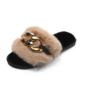 Leslides High Quality Fur Flat Sandals Furry Women's Sandals Soft Fur Slippers Sandals Fur Indoor Slides With Large Gold Chain
