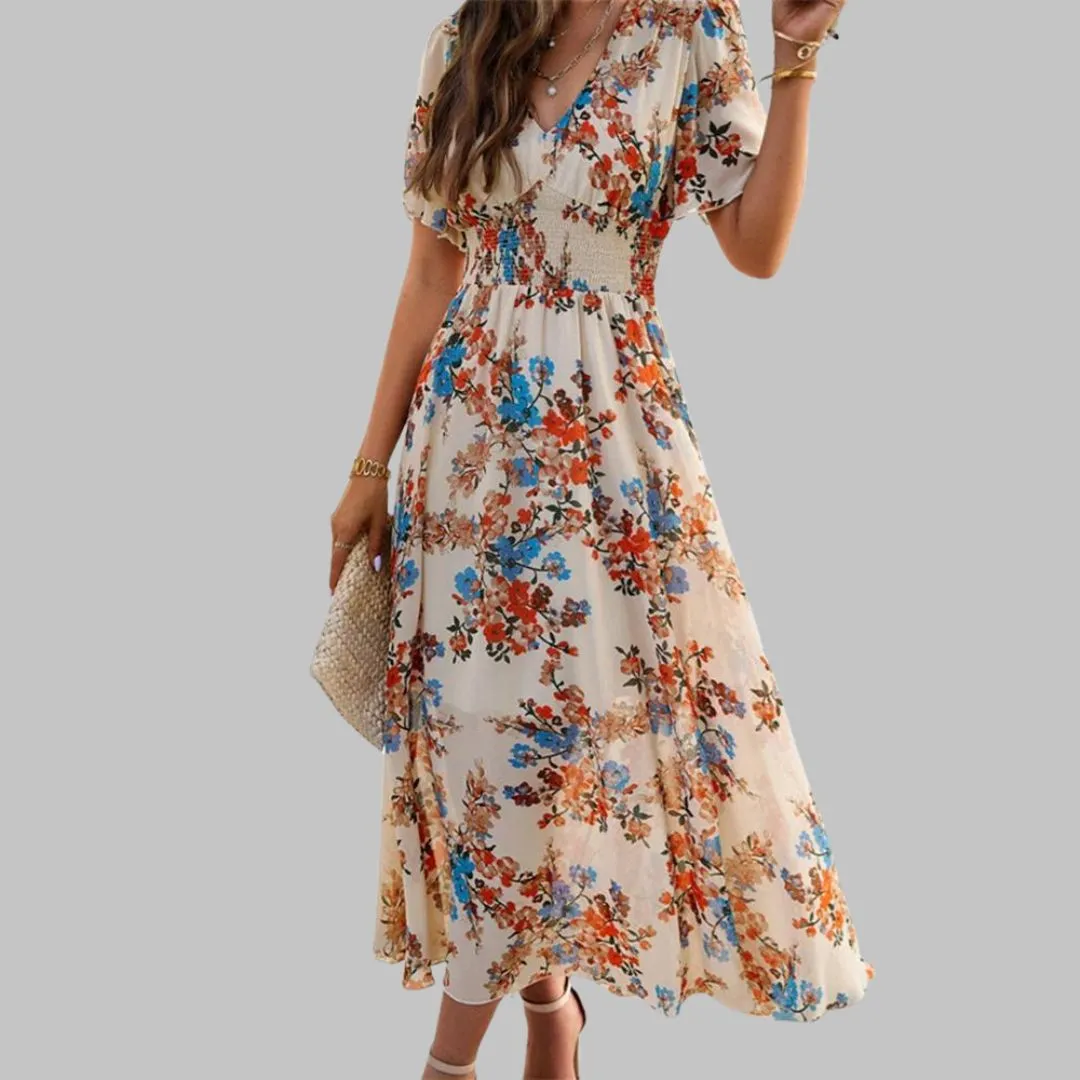 Mareina - Robe midi à col V floral et manches courtes