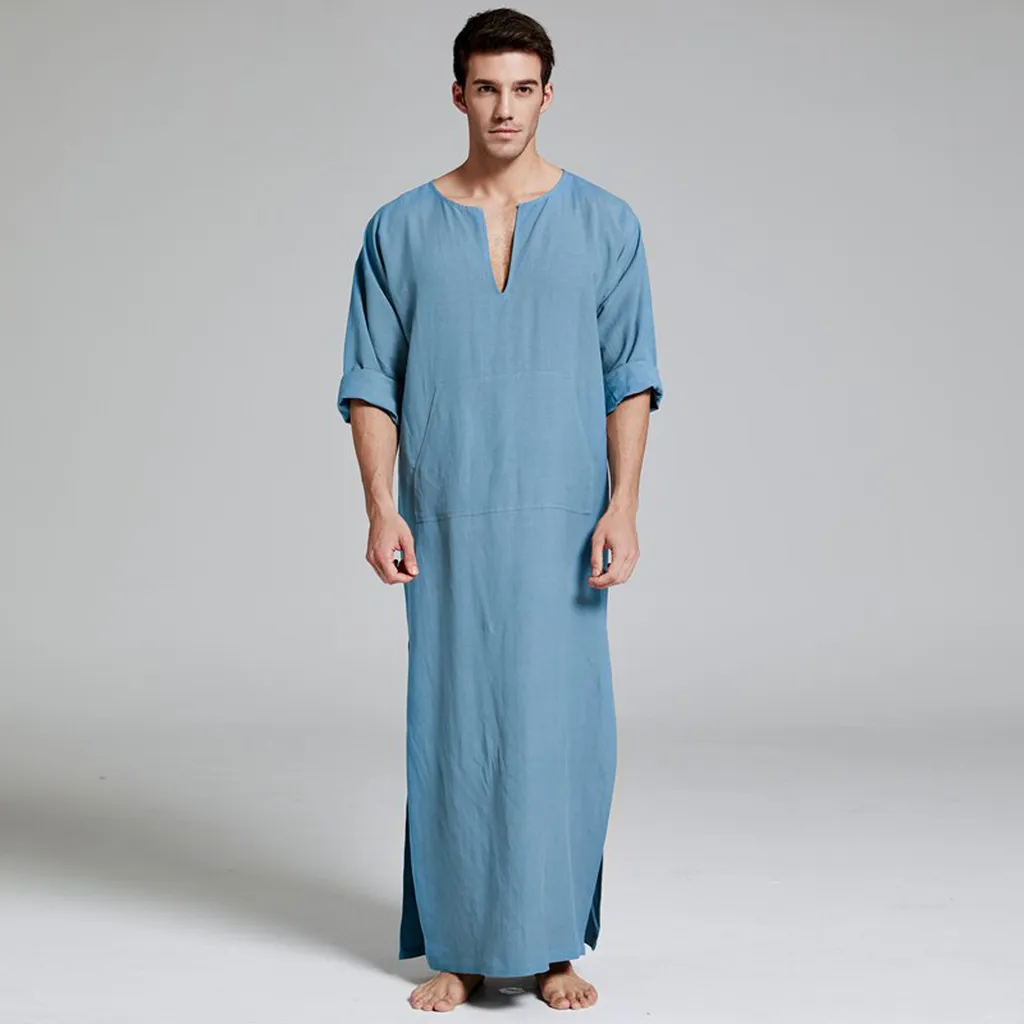 Mens Natural Linen Cotton Ultra Long Floor Length Robes Bathrobes Lounge Wear Casual Kaftan Thobe v Neck Long Gown Caftan Tunic