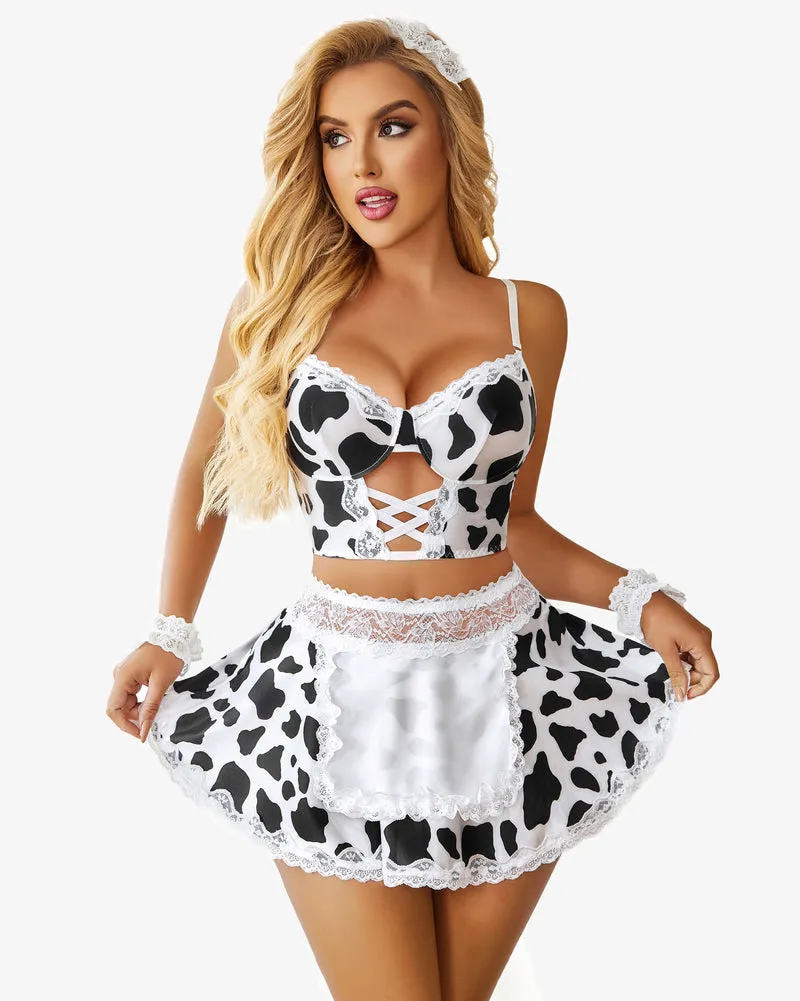 Plaid Contrast Lace Maid Costume Set
