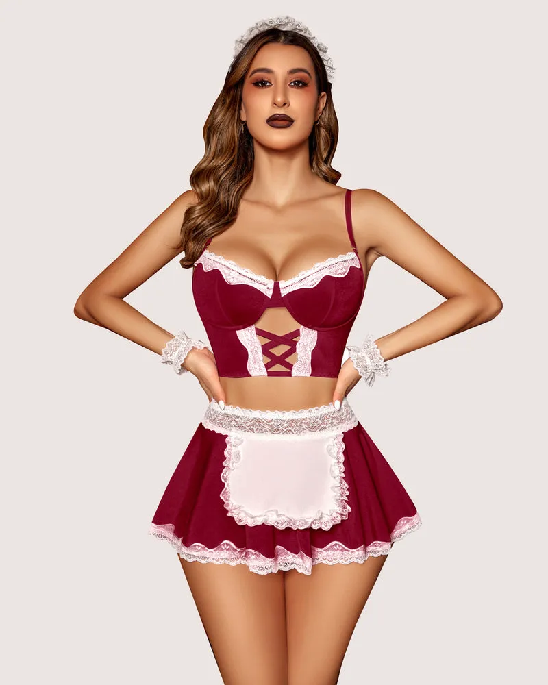 Plaid Contrast Lace Maid Costume Set