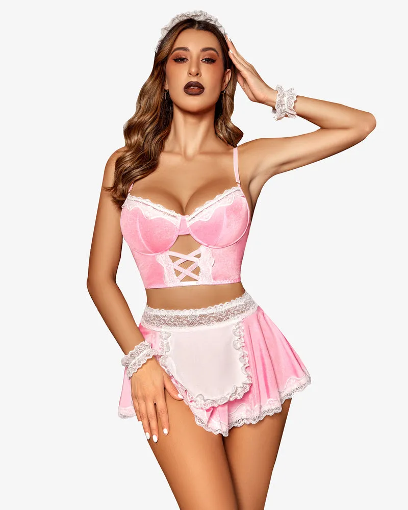 Plaid Contrast Lace Maid Costume Set