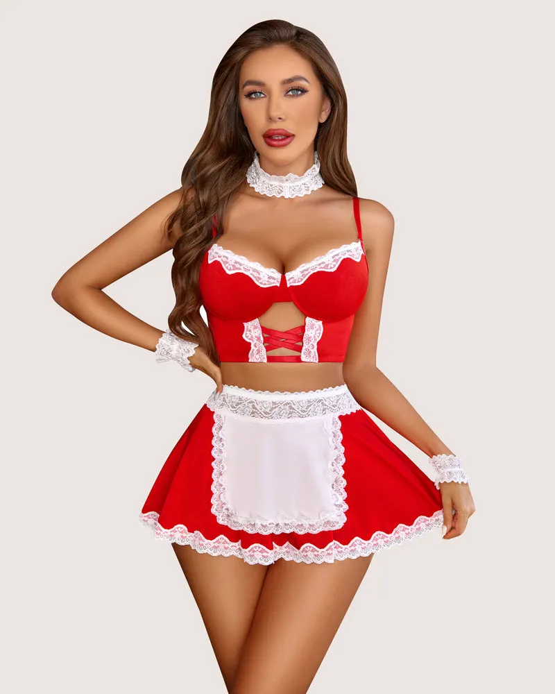 Plaid Contrast Lace Maid Costume Set