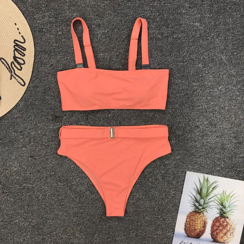 Plain Buckle High Rise Thong Bottom Bikinis