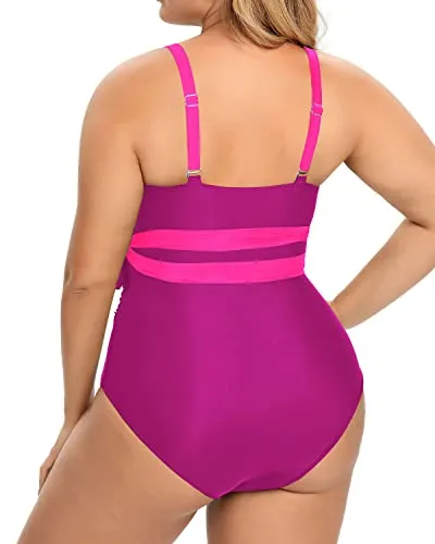 Plunge Neckline High Waisted Tummy Control Swimwear-Phosphor And Dark Pink