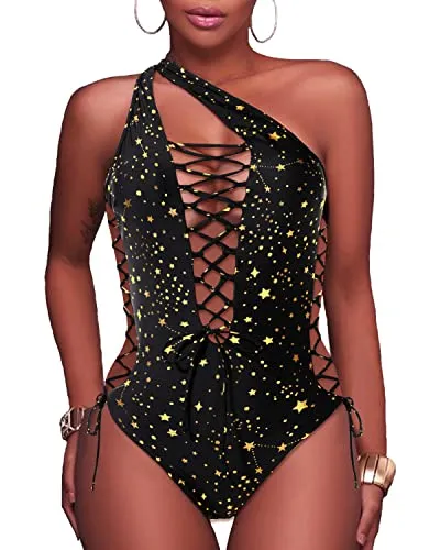 Plunge V Neck Strappy Cutout One Piece Swimsuits-Gold Stars
