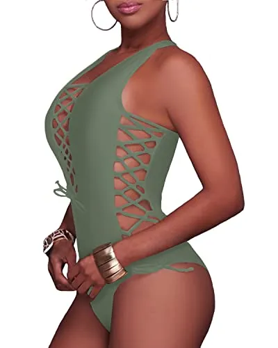 Plunge V Neck Strappy Cutout Swimwear-Olive Green
