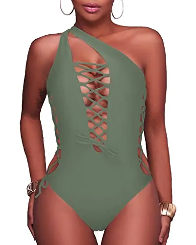 Plunge V Neck Strappy Cutout Swimwear-Olive Green