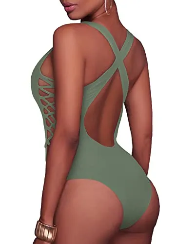 Plunge V Neck Strappy Cutout Swimwear-Olive Green