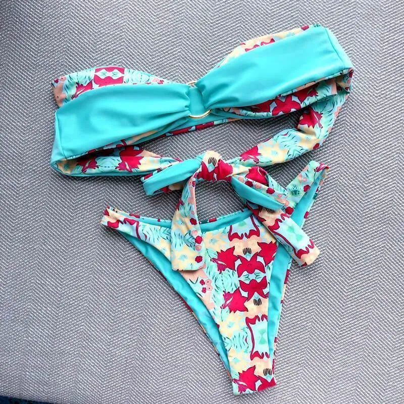Print Bandeau Mid Rise Thong Bottom Tube Bikinis