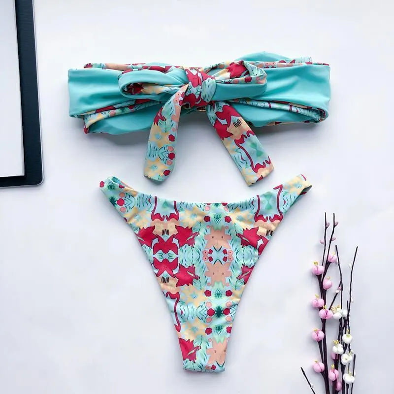 Print Bandeau Mid Rise Thong Bottom Tube Bikinis
