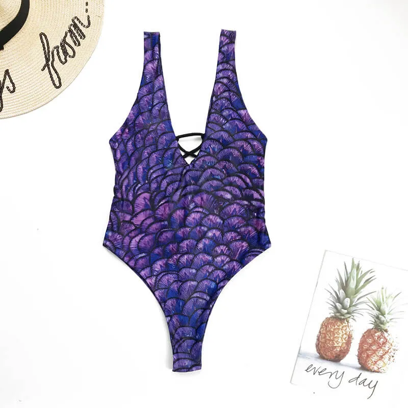 Print Cutout Bandeau Backless High Cut Swimsuits