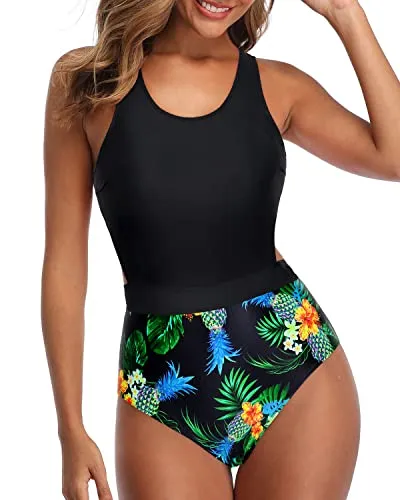 Racerback Zip Closure Tummy Control Women One Piece Swimsuits-Black Pineapple
