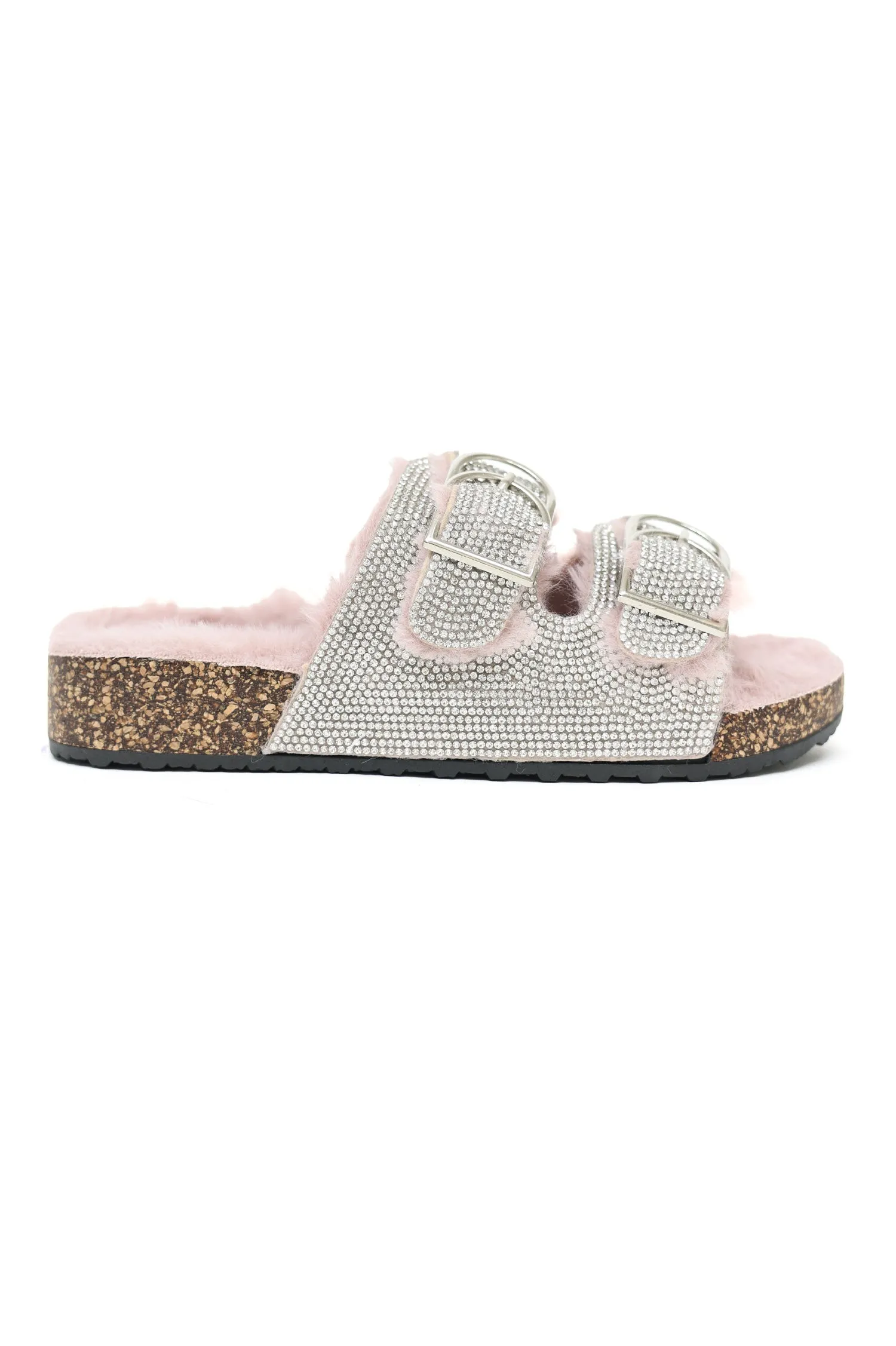 RHINESTONE DOUBLE-BUCKLE FUR SLIDES-PINK