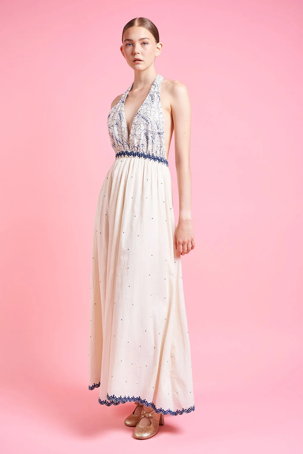 Robe longue dos nu à la taille élastiquée