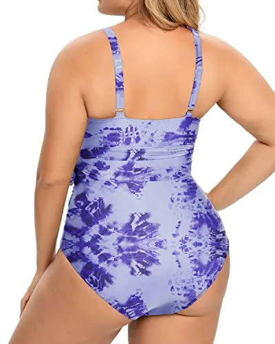 Sexy Cutout High Waisted Tummy Control One Piece Swimsuits-Blue Tie Dye