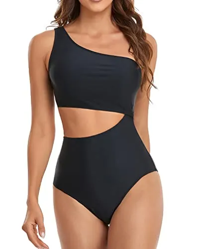 Sexy One Shoulder One Piece Cutout Swimsuit Monokini For Women-Black