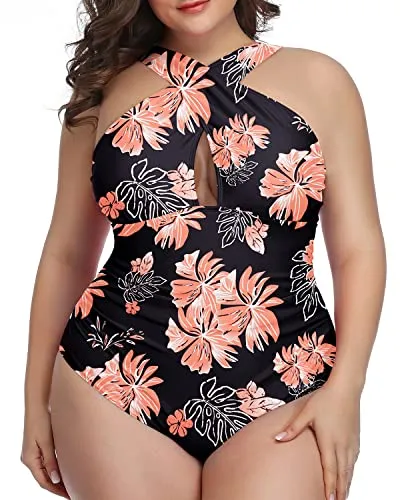 Sexy Plus Size Swimwear One Piece High Waist And Tummy Control-Black Orange Floral