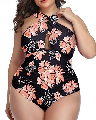 Sexy Plus Size Swimwear One Piece High Waist And Tummy Control-Black Orange Floral