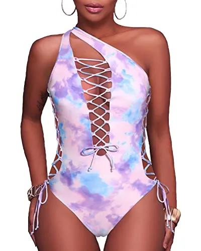 Sexy Strappy Plunge V Neck One Piece Swimsuits-Tie Dye
