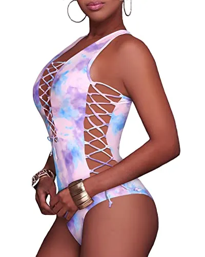 Sexy Strappy Plunge V Neck One Piece Swimsuits-Tie Dye