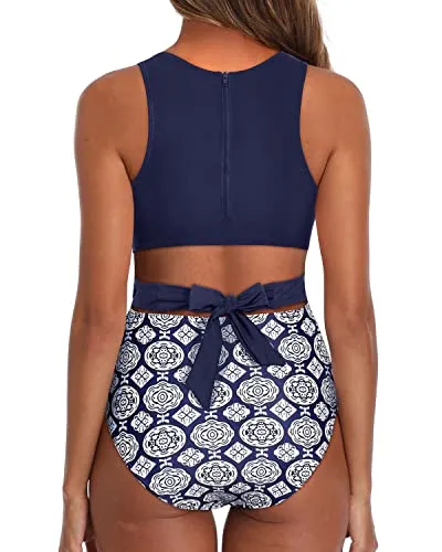 Side Cut Out Modest Women One Piece Swimsuits-Navy Blue Tribal