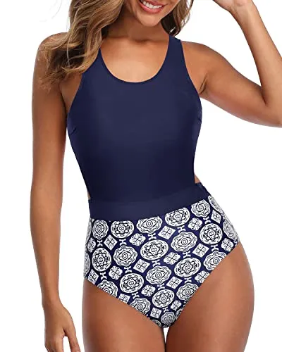 Side Cut Out Modest Women One Piece Swimsuits-Navy Blue Tribal