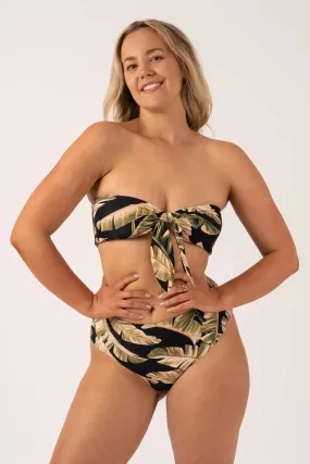 Silky Reversible High Waisted Cheeky Cut Bikini Bottom - Black Tropical Leaf