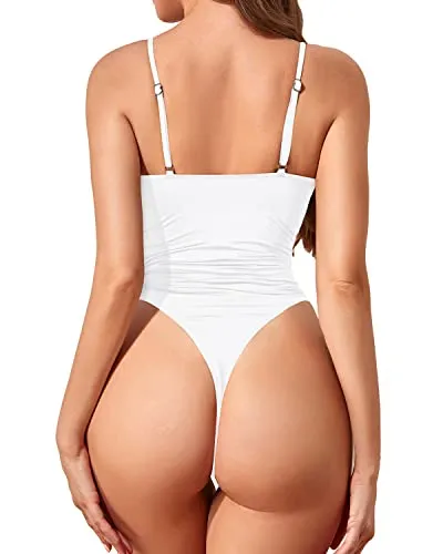 Spaghetti Shoulder Straps Removable Bra Thong Swimsuit For Women-White