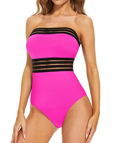 Strapless Bathing Suit With Slimming Bandeau Tube For Women-Neon Pink