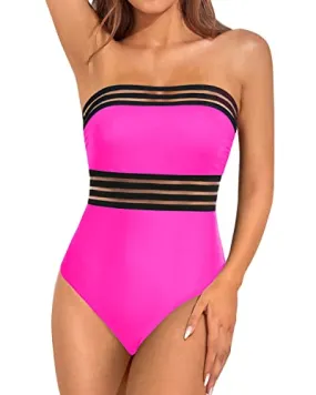 Strapless Bathing Suit With Slimming Bandeau Tube For Women-Neon Pink