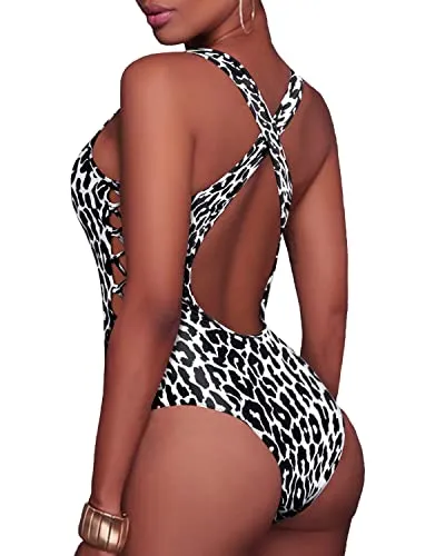 Strappy Cutout Monokini One Piece Swimsuits-Gradient Leopard