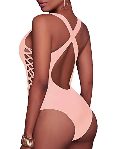 Strappy Cutout Plunge V Neck One Piece Swimsuits-Light Pink