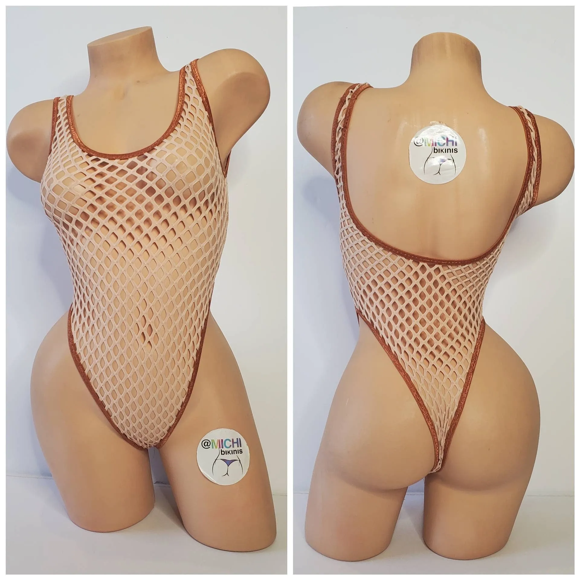 Tan Large Hole Fishnet with Tan Trim ***VERY SHEER*** 1 Piece Bodysuit Size SMALL