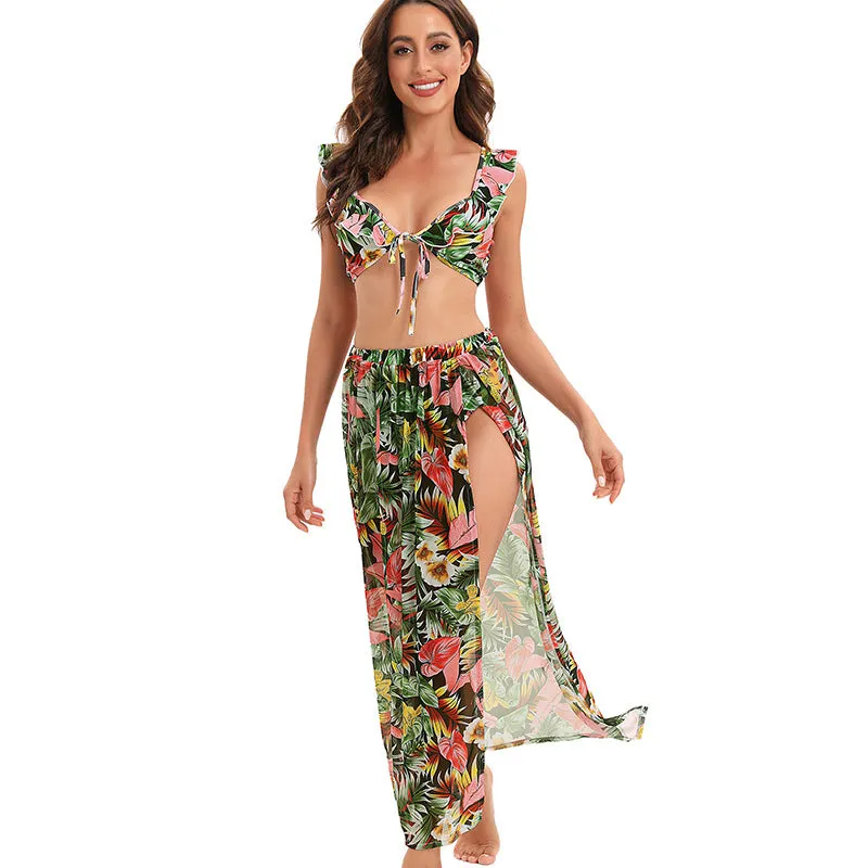 Tropical Print Ruffled Lace-up Three-piece Bikini and Slit Skirt