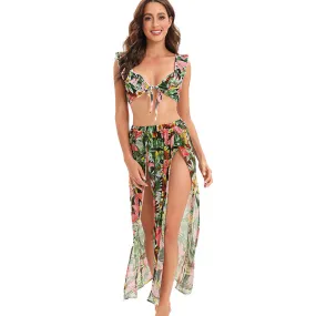 Tropical Print Ruffled Lace-up Three-piece Bikini and Slit Skirt