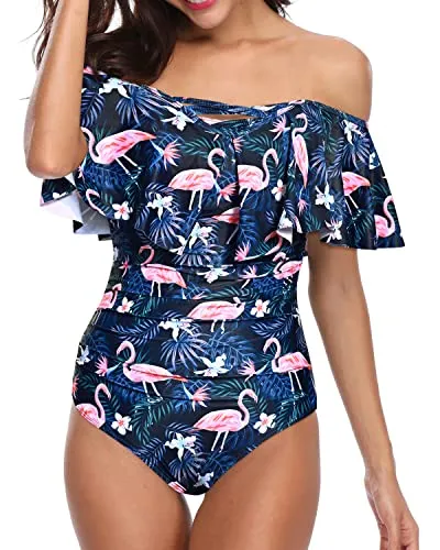 Tummy Control & Vintage Ruffle Flattering One Piece Swimsuit-Blue Flamingo