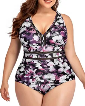 Tummy Control Full Coverage One Piece Plus Size Bathing Suit-Purple Floral
