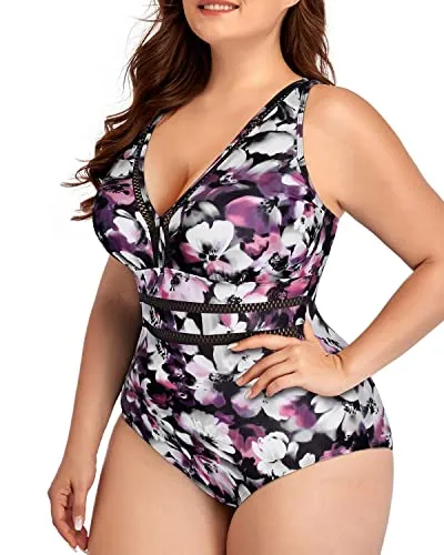 Tummy Control Full Coverage One Piece Plus Size Bathing Suit-Purple Floral