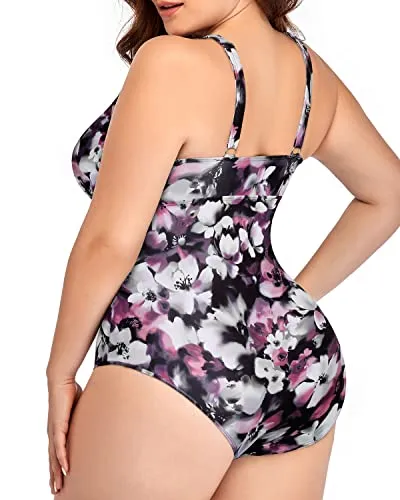 Tummy Control Full Coverage One Piece Plus Size Bathing Suit-Purple Floral