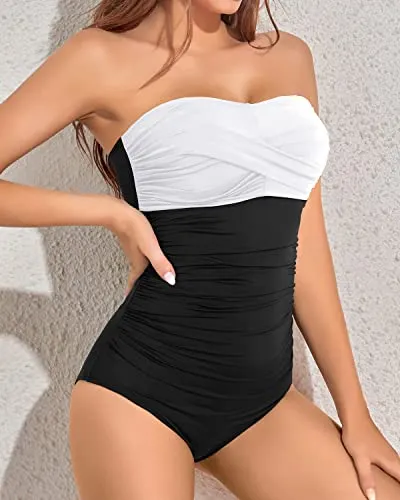 Twist Front Strapless One Piece Swimsuit Tummy Control Bandeau Bathing Suits-White