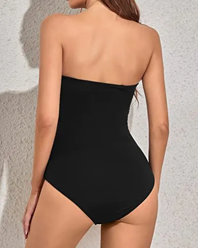 Twist Front Strapless One Piece Swimsuit Tummy Control Bandeau Bathing Suits-White