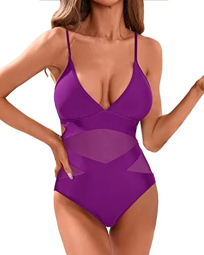 V Neck One Piece Swimsuits For Women Sexy Mesh High Waisted Swimwear-Purple