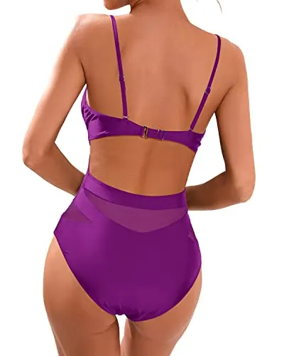 V Neck One Piece Swimsuits For Women Sexy Mesh High Waisted Swimwear-Purple
