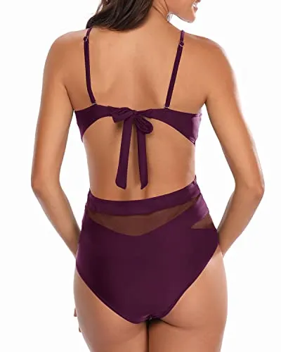 V Neck Sexy Mesh High Waisted One Piece Swimsuits Plunge V Neck Monokini-Maroon