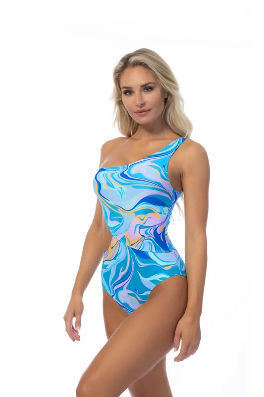Wave Orange Printed One Shoulder Piece Swimsuit